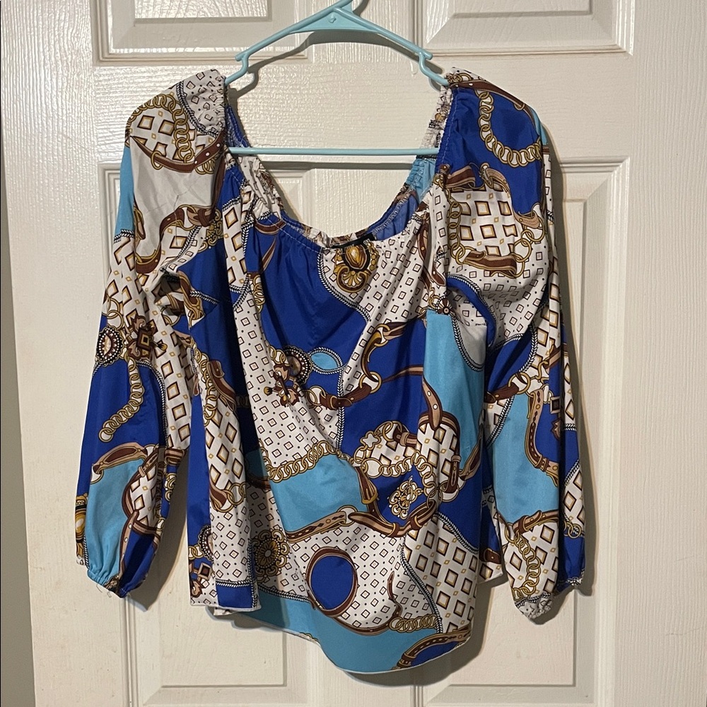 SHEIN Blue and White Patterned Blouse